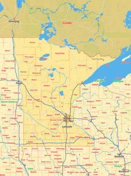 Preview of Minnesota map with cities township counties rivers roads labeled