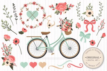 Preview of Mint & Coral Floral Bicycle Vectors - Flower Clipart, Peonies Clip Art, Poppies