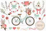 Mint & Coral Floral Bicycle Vectors - Flower Clipart, Peon