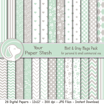 Preview of Mint Green & Gray Digital Scrapbook Papers, Spring & Easter Digital Papers