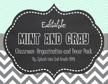 Preview of Mint and Gray Classroom Organization and Décor Pack {Editable}