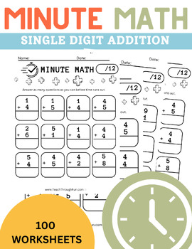 Preview of Minute Math single digit addition - 100 worksheets