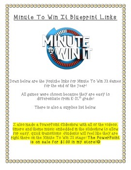 Preview of Minute To Win It! (Blueprint Links and Supply List ONLY)