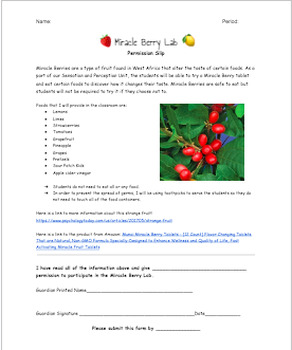Preview of Miracle Berry Lab - Student Questions and Guardian Permission Slip