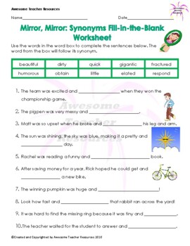 Add A Synonym Fill in the Blanks Worksheet Pack (Download Now) 