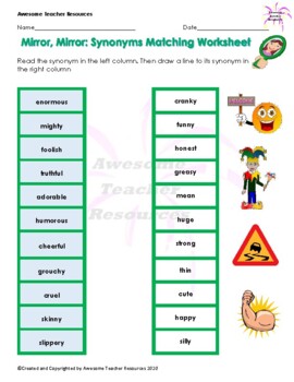 Mirror, Mirror: Synonyms Matching Worksheet by Awesome Teacher Resources