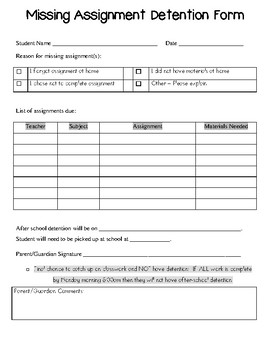 Preview of Missed Assignment - After School Detention Form