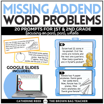 Preview of Missing Addend Word Problems: Add and Subtract Task Cards, Math Journal Prompts