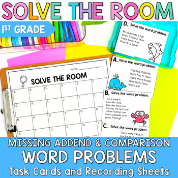 Preview of Missing Addend and Comparison Word Problems Solve the Room First Grade