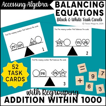 Preview of Missing Addends 3 Digit Addition with Regrouping Balancing Equations Task Cards
