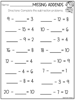 Missing Addends Addition & Subtraction Worksheets by CreatedbyMarloJ