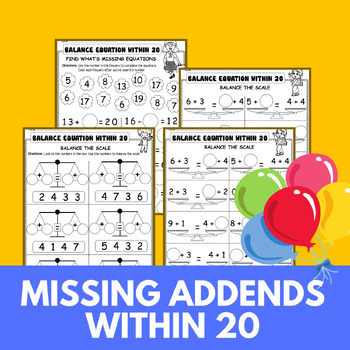 Preview of Missing Addends worksheet, Addition & Subtraction within 20 / Balance Equation