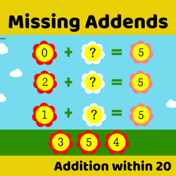 Preview of Missing Addends  Digital Math addition activities for Spring Google Slides 