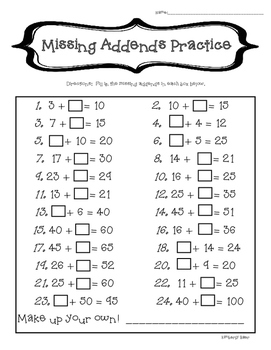 Missing Addends/Mental Math Practice--2-Digit Addition by 4 Little Baers
