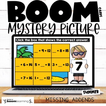 Preview of Missing Addends Summer School Fun Activities Boom Task Cards™ 1st and 2nd Grade