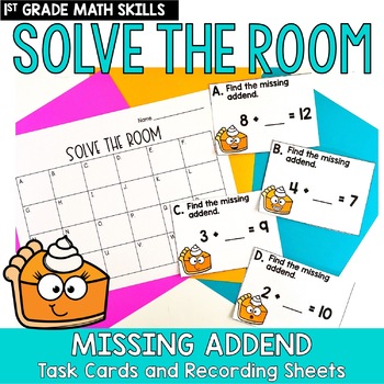 Preview of Missing Addends Task Cards 1st Grade Thanksgiving Solve the Room Math Center