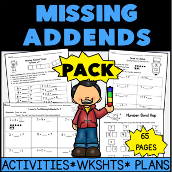 Preview of Missing Addends to 10  Activities Worksheets Fluency Word Problems