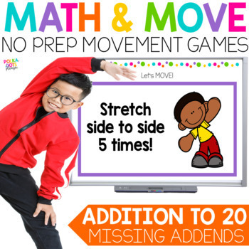 Preview of Missing Addends to 20 with Addition Worksheets | MATH AND MOVE Math Game