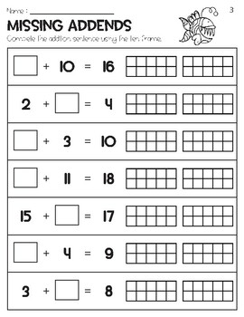 Missing Addends to 20 with Ten Frame Worksheets Ocean Theme | TPT