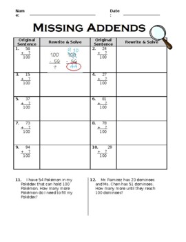 Preview of Missing Addends with a Sum of 100 - Editable!