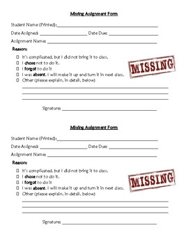 Preview of Missing Assignment Form
