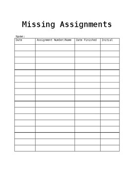 Preview of Missing Assignments Tracking Sheet