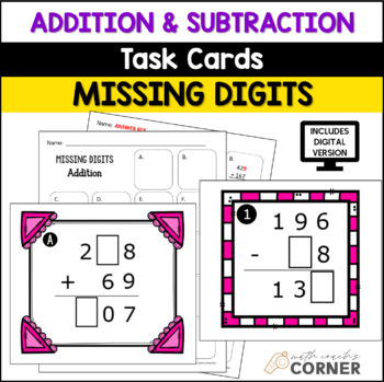 Preview of ADDITION & SUBTRACTION Missing Digits Task Cards & Scoot Game | Within 1000