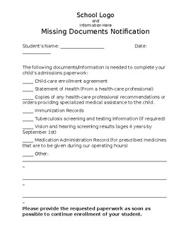 Preview of Missing Documents Notification