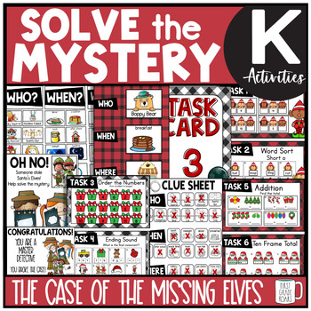 Preview of Missing Elves Solve the Mystery Math & ELA Task Card Activity Kindergarten