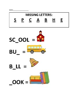 Preview of Missing Letters School Theme Worksheet