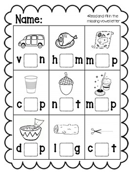 Preview of Missing Middle Sound/ Missing Vowel Letter CVC Words: Thanksgiving