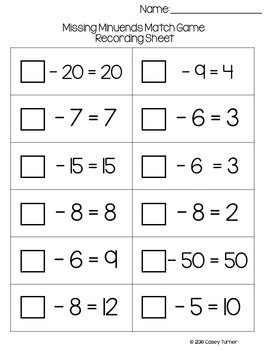 Missing Minuends Match Game by The Original Math Maniac | TpT
