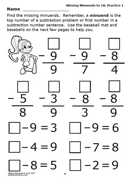 Missing Minuends to 18 Subtraction Worksheets + Full Color Subtraction Game