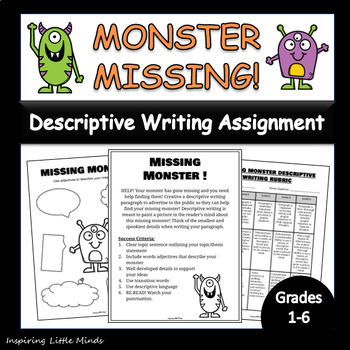 Preview of Missing Monster Activity | Descriptive Writing Assignment | Includes Rubric