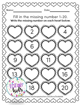 valentines missing number 1 20 b w pre k and kindergarten tpt