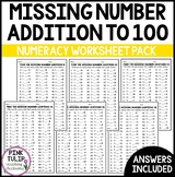 Missing Number up to 100 Addition Worksheets - Mental Math