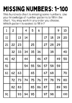 Preview of Missing Numbers: 1-100 School Illustration Counting Mathematics Worksheet