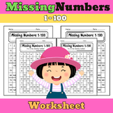Missing Numbers 1-100 Worksheet for Kindergarten and First grade.