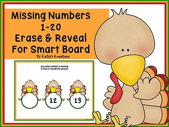Preview of Missing Numbers 1-20 Erase & Reveal For Smart Board (Turkey Theme)
