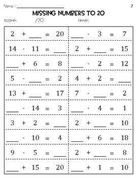 Missing Numbers Addition and Subtraction to 20 Worksheets by Owl School ...