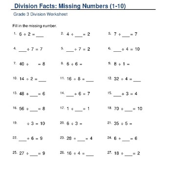 Missing Numbers Challenge: Division Fact Practice Worksheets