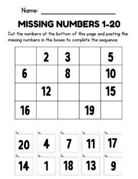 Missing Numbers Count | fill | Cut And Paste Numbers 1-20 | Math Worksheet