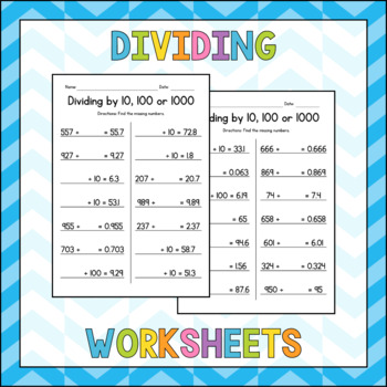 Preview of Missing Numbers - Dividing by 10, 100, & 1000 - Decimals Worksheets - No Prep