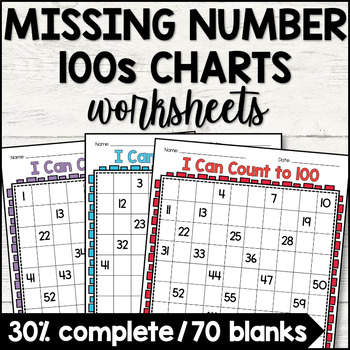 Preview of Missing Numbers Hundreds Charts Worksheets - 30% Complete/70 Blanks