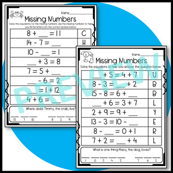 Missing Numbers Worksheets: Addition and Subtraction within 20 | TpT