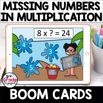 Preview of Missing Numbers in Multiplication Facts Water Balloon Fight Math Boom Cards