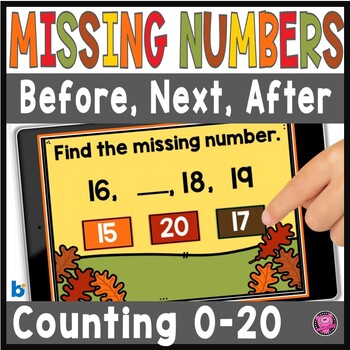 Preview of Missing Numbers to 20 Kindergarten Digital Boom Card Fall Math Activities