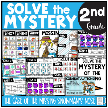 Preview of Missing Snowman's Nose Solve the Mystery Math & ELA Task Card Activity 2nd Grade