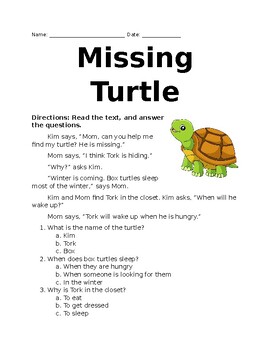 Preview of Missing Turtle First Grade Activity Packet