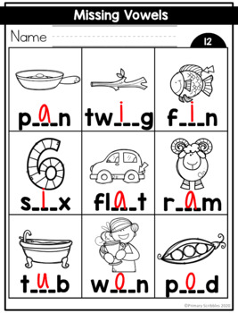 Missing Vowel (CVC Words) Assessment and Printables by Primary Scribbles